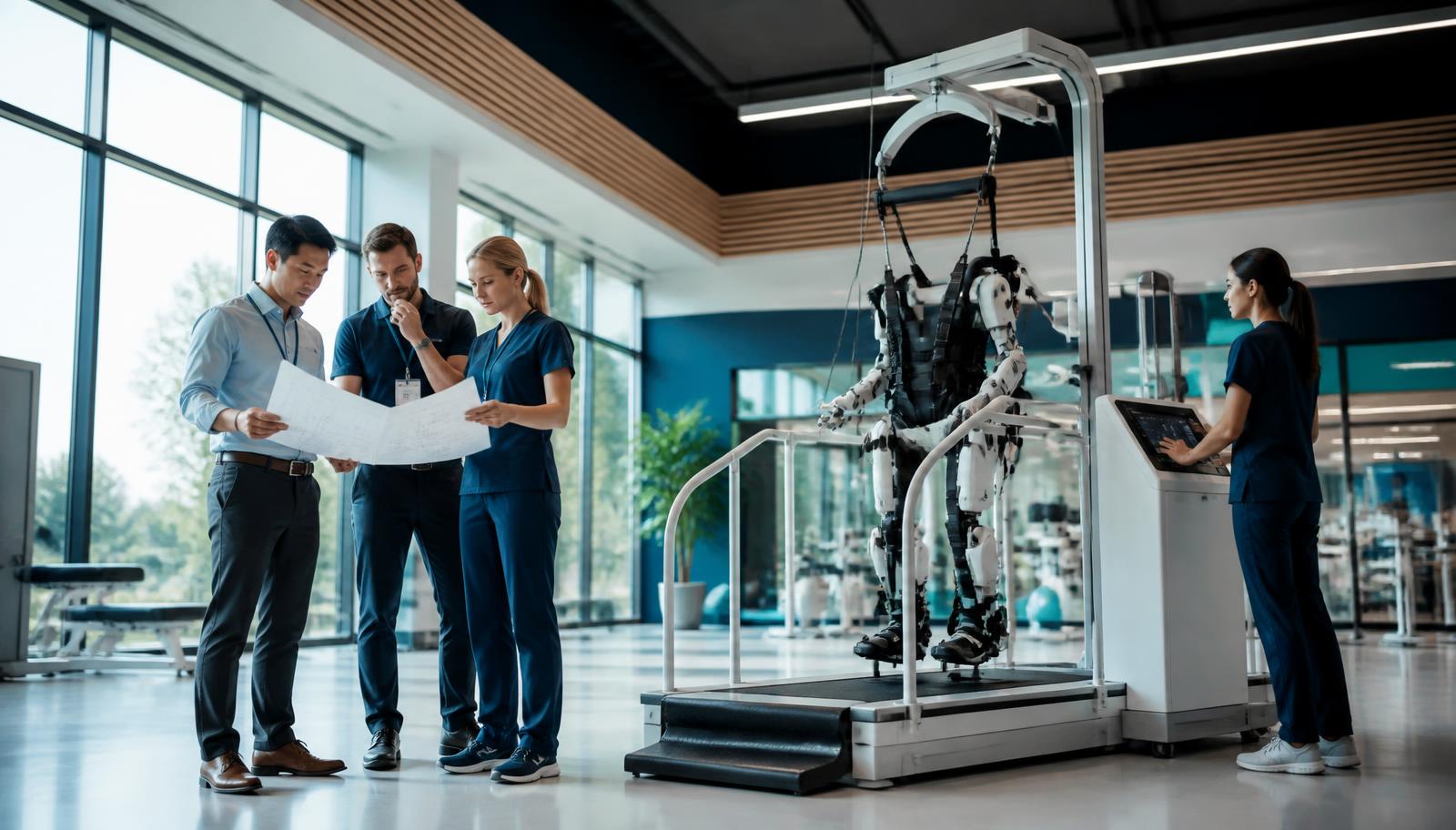 Therapists and technicians reviewing an installation plan beside rehabilitation robotics equipment