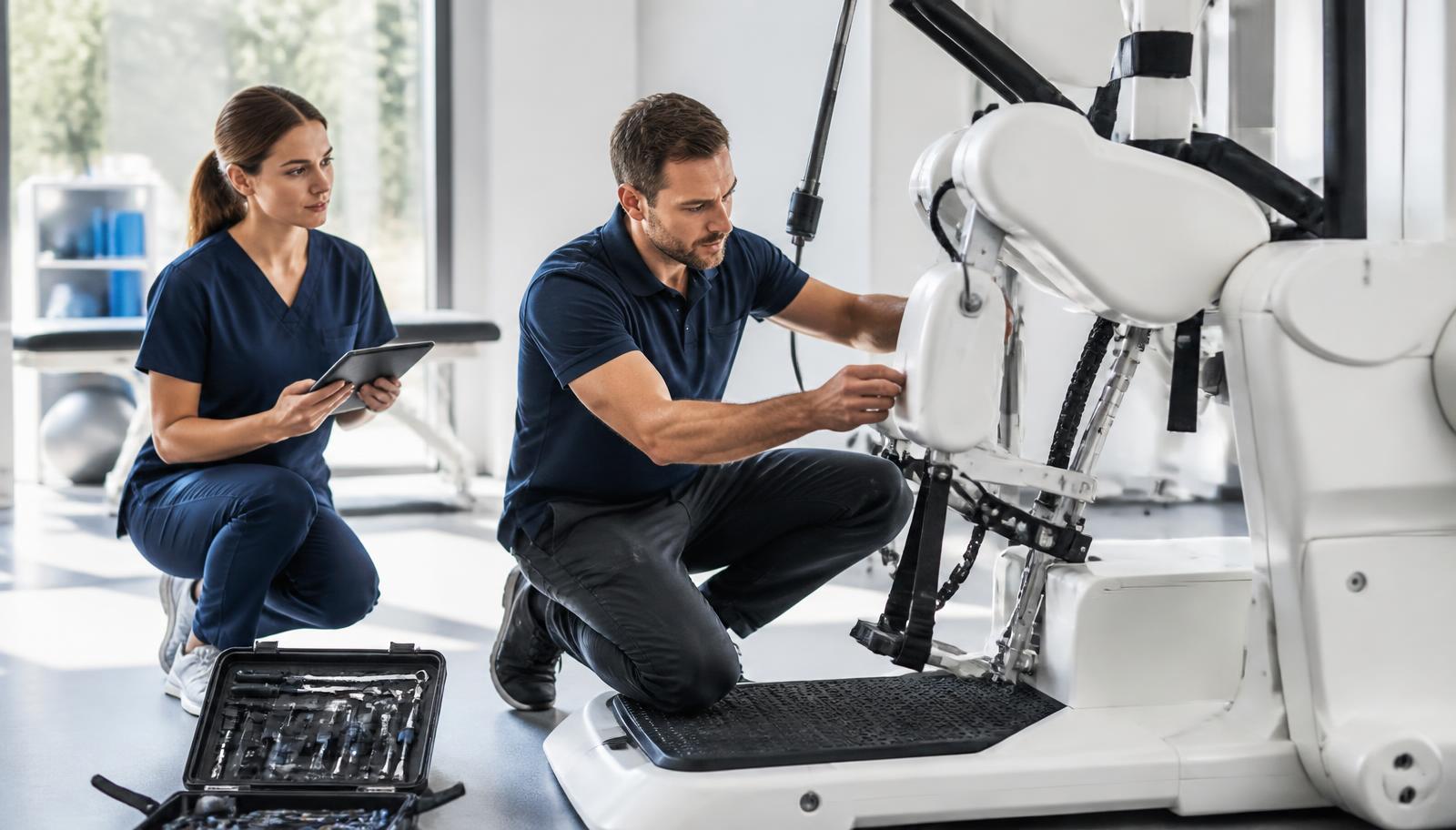 Field engineer installing rehabilitation equipment in a clinic